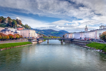 Scenic view of Salzach river in historic part of Salzburg, Austria