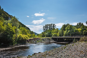 Fototapeta na wymiar Summer landscape with a bridge over a mountain river. Mountain Altai