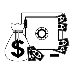 Strongbox and money bags in black and white