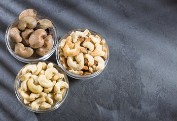 Natural and roasted cashew nut - Anacardium occidentale. Top view