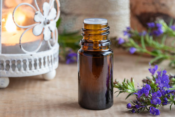 A bottle of hyssop essential oil with fresh blooming hyssop