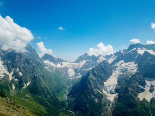 Aerial view from the drone. Summer mountain landscapes of Karachay Cherkessia, Dombay, Western Caucasus.
