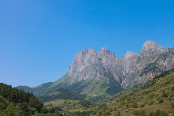 Obraz premium Aerial view from the drone. Mountain Ingushetia, plain and rocks.
