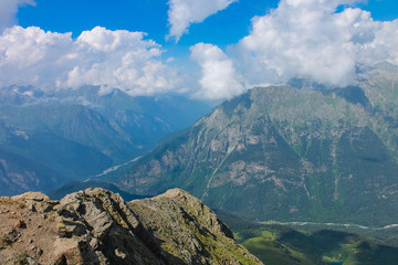 Aerial view from the drone. Summer mountain landscapes of Karachay Cherkessia, Dombay, Western Caucasus.