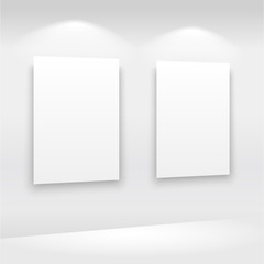 Fototapeta premium Empty frames on the wall in gallery with lights. Vector