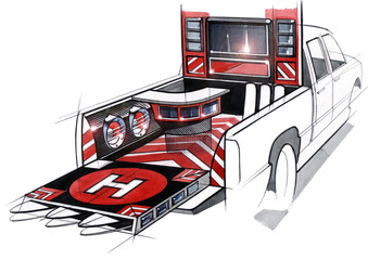 A design illustration of a project of an exclusive tuned car pickup for music festivals. Examination of the interior space of the body by acoustic systems.