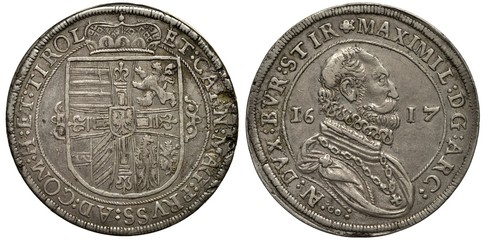 Holy Roman Empire (Austria Austrian) silver coin 1 one thaler 1617, ruler Emperor Maximilian, crowned shield with various designs, bust divides date, 