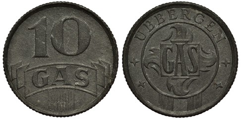 The Netherlands Dutch City of Ubbergen gas token 10 units, circa 1945, large digits above ribbon,...