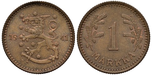 Finland Finnish Suomi coin 1 one markka 1941, lion with sword divides date, sheath below, value...