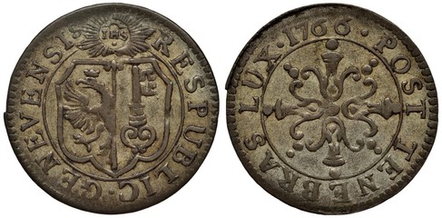 Switzerland City of Geneva silver coin 18 eighteen deniers (or 6 six quarts) 1766, coat of arms,...