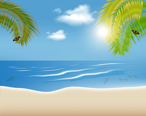 Tropical sea and beach with blue sky in sunny weather. Vector illustration.