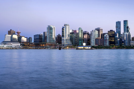 Vancouver skyline at dusk, British Columbia, Canada.
