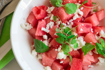 Salad with watermelon, feta cheese and mint