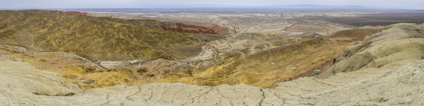 Panorama of red and white sedimentary layers at Aktau Mountains, Altyn Emel Park, Kazakhstan