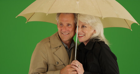 Happy elderly couple standing in the rain with an umbrella on green screen
