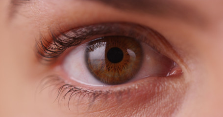 Obraz premium Extreme close up of Caucasian millennial woman's eye on green screen