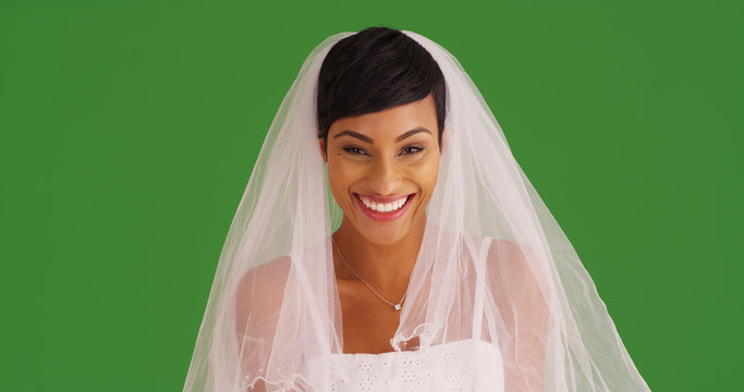 Closeup Of Happy Bride In Wedding Dress Smiling At Camera On Green Screen