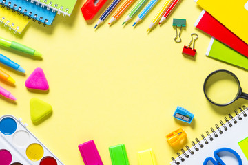 School and office sstationery on yellow background. 