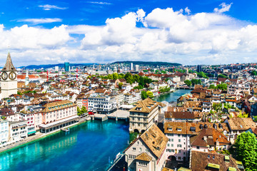 Fototapeta na wymiar Aerial view of historic Zurich city center and river Limmat
