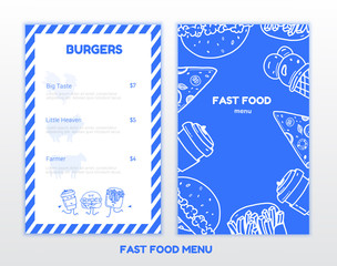 Modern fast food doodle menu design in blue colors. Junk meal Cover for restaurant or cafe menu design.