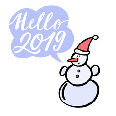 Snowman with speech bubble. Hand drawn vector illustration.
