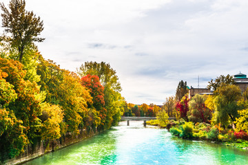 Colorful autumn landscape of Isar river in Munich, Bavaria - Germany