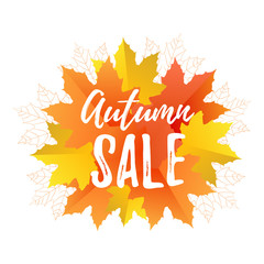 Fototapeta na wymiar Hand drawn autumn sale typography poster with colorful leaves in flat style