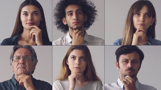 Collage of portraits thinking men and women
