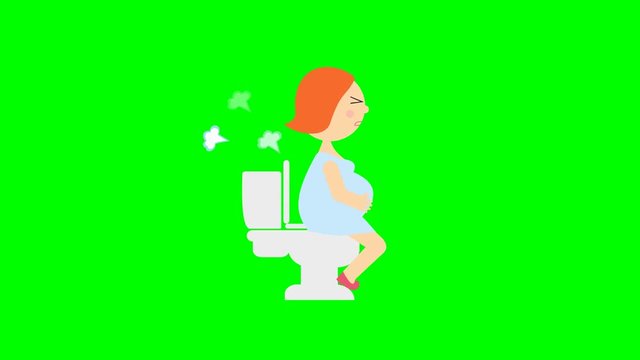 Cartoon video of a pregnant woman produces gases sitting on the toilet. series pregnancy. footage on a white background and a chroma key