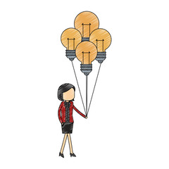 Businesswoman holding bulb light balloons scribble