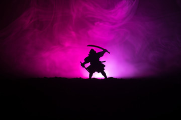 Fighter with a sword silhouette a sky ninja. Samurai on top of mountain with dark toned foggy...