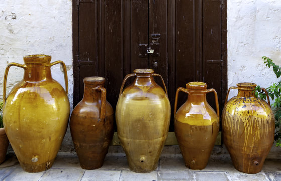 Terracotta vases of different sizes that were used in Puglia to contain olive oil