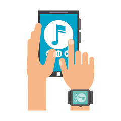 Hands using smartphone to listen music