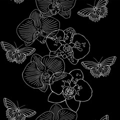 Orchids and butterflies seamless background pattern with hand drawn different. Vector black and white illustration. Contour drawing. © kristinblack