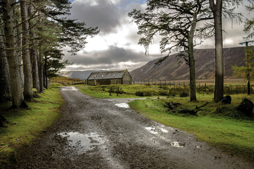 Scottish rural landscape. Pathway to Lochnagar. Cairngorms National Park and Royal Deeside. Ballater, Aberdeenshire, Scotland, UK. 