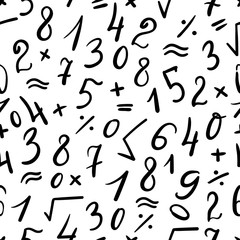 Seamless pattern of hand written numbers and symbols on white background. Calligraphic mathematics pattern. Vector illustration