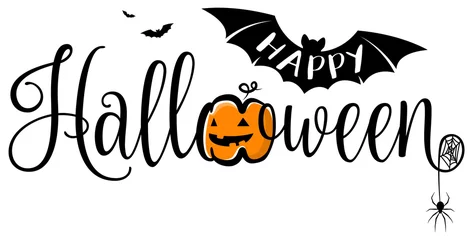 Fototapeten Happy Halloween Schriftzug Kalligraphie Logo mit Kürbis, Fledermaus und Spinnennetz © pixelliebe