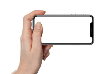 Woman showing smart phone similar to iphone isolated on white