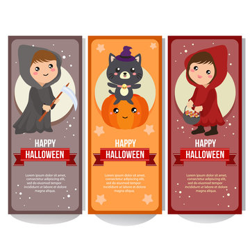 halloween banner collection with costume kids