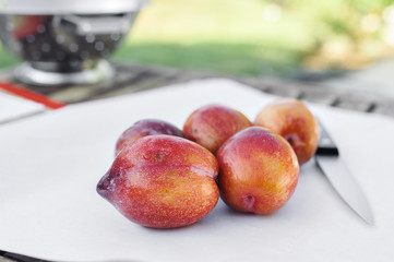 Five amigo pluot fruits on white paper with a knife