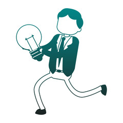 Businessman holding bulb light blue lines