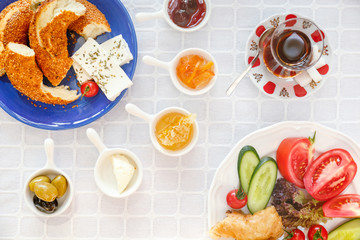 Turkish tea, Cheese, Honey, Jam,  Olives, Simit. Authentic turkish breakfast. Local cuisine concept