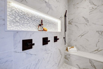 Master modern bathroom interior in luxury home with white  shower and marble tiles