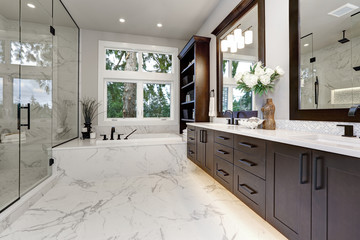 Master modern bathroom interior in luxury home with dark hardwood cabinets, white tub and glass door shower - 221509518