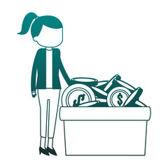 Businesswoman and coins inside box blue lines