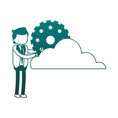 Businessman with cloud and gear blue lines