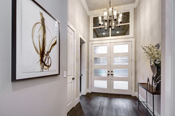 Front door entrance to modern house with hardwood floors