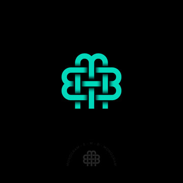 E, M and B letters. E, M, B monogram consist of inwrought azure lines, isolated on a dark background. Monochrome option.