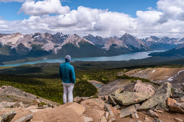 Fototapeta na wymiar The top of Bald Hill offers a great panorama view of Maligne Lake, Jasper NP, Alberta, Canada