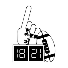Football and fanglove with timer in black and white